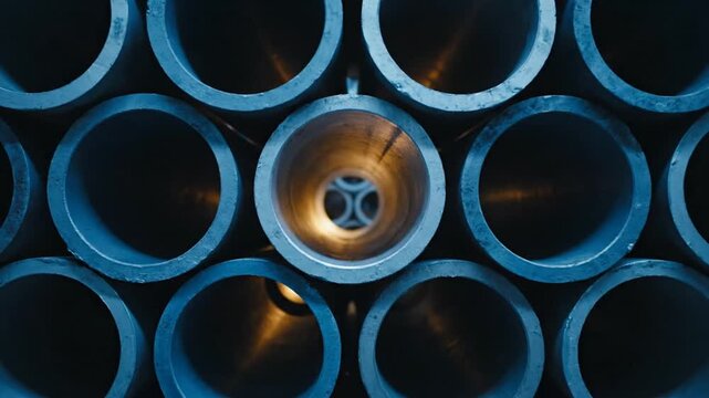 Stacked metal pipes in factory.
