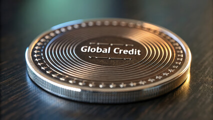 Global credit coin new world order concept shining metal token on dark table macro view