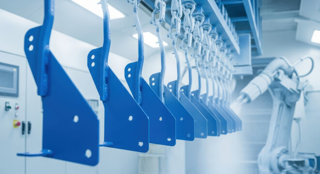Automated robotic arm applies blue powder coating to metal parts on hanging conveyor line in modern factory workshop, showcasing advanced industrial surface finishing process