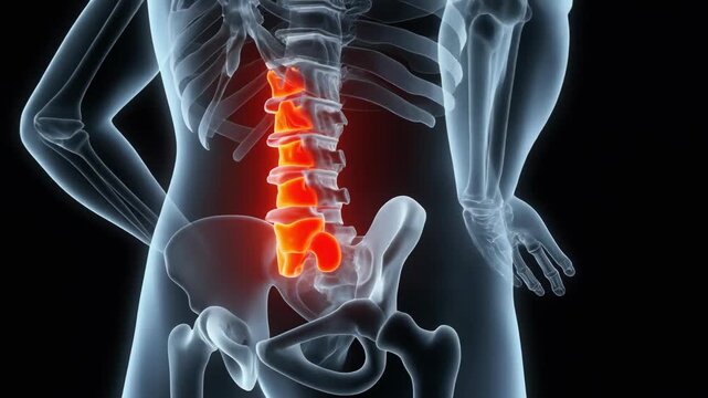 Medical 3D illustration of human skeleton showing inflamed lumbar spine highlighting lower back pain and anatomy.