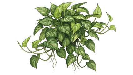 A vibrant illustration of a Devil's Ivy or Money Plant with lush green variegated leaves and visible air roots