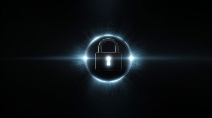 Glowing Lock Icon with Blue Light on Black Background