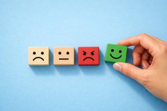 Mood Spectrum: Hand selects a green, smiling face block, highlighting emotional choices in a creative expression.