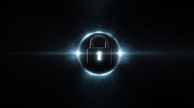 Glowing Lock Icon with Blue Light on Black Background - Powered by Adobe