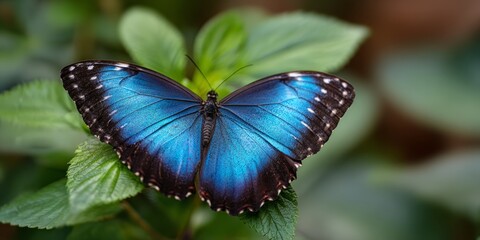 Vibrant Blue Morpho Butterfly on Green Leaf
