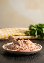 Pink Himalayan Salt Crystals in a White Plate with a Wooden Scoop on a Dark Rustic Kitchen Table