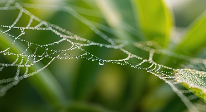 A spider web with dew drops on it, set against a blurred green background.