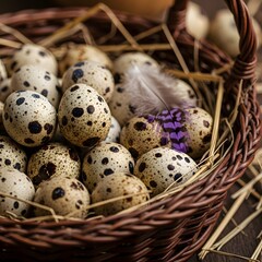 Fresh Organic Quail Eggs in a Wicker Basket with Straw and Feather on a Rustic Wooden Table