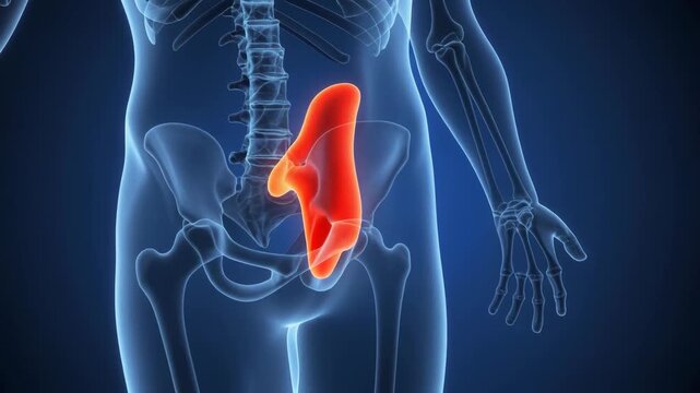 Medical visualization of the Iliopsoas muscle highlighted in red on a transparent human body skeleton.