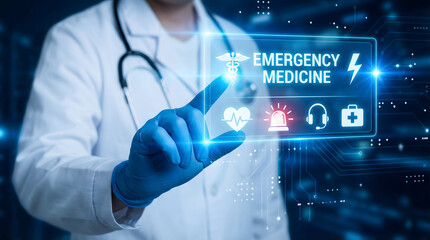 A dedicated medical professional in a crisp white lab coat and blue sterile glove touches a glowing virtual interface for emergenc