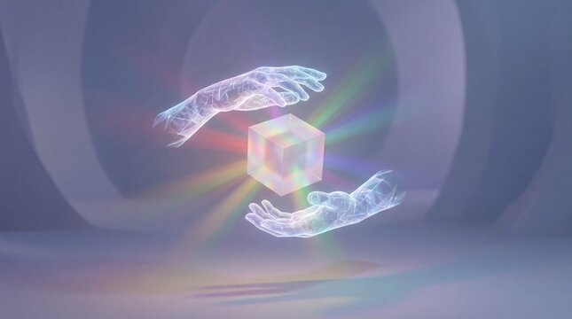 Futuristic glowing hands holding a shimmering cube with rainbow light effects render