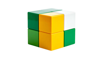 Obraz premium A partially solved, brightly colored cube puzzle, featuring green, yellow, and white faces