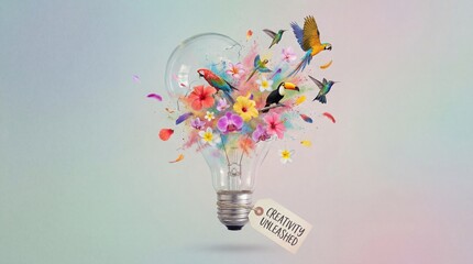 Obraz premium Light bulb with colorful flowers and birds representing creativity unleashed parrots hummingbirds