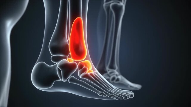 3D medical illustration highlighting ankle pain and inflammation in the tibia and talus bones of the human foot.