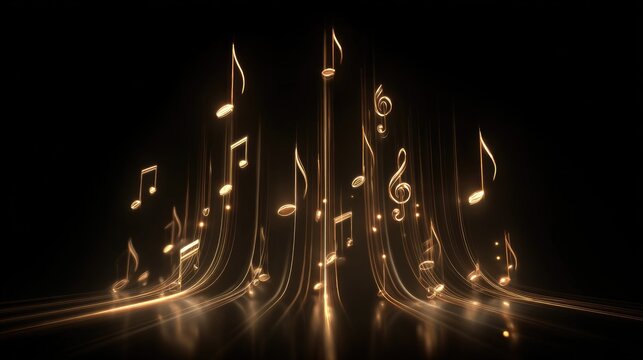 Golden musical notes against a black background. The concept of music and sound. The golden color adds a sense of elegance and luxury.
