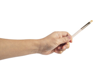 Pink cosmetic blush in hand on transparent background