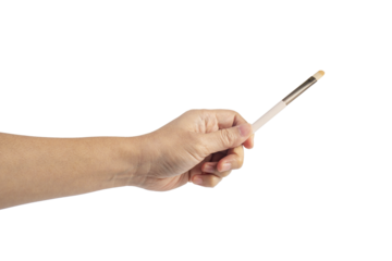 Pink cosmetic blush in hand on transparent background