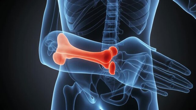 Medical 3D illustration highlighting inflamed red femur bone against transparent blue human skeletal torso.