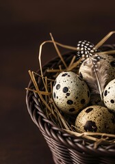 Organic Raw Quail Eggs in a Wicker Basket with Straw and Feather on Dark Rustic Background for Food