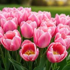 Obraz premium A vibrant display of pink tulips in full bloom, capturing springs beauty.