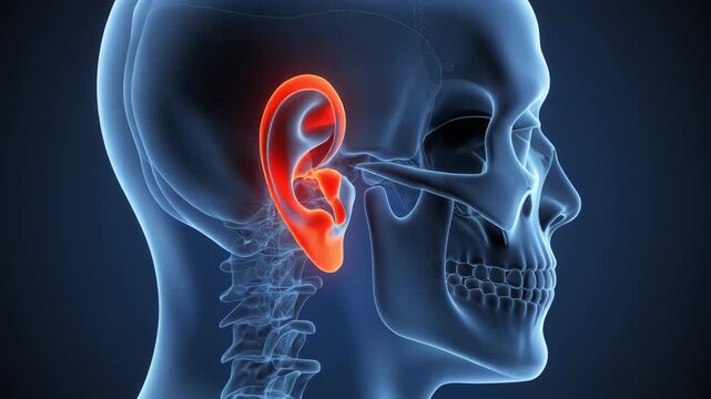 Medical visualization of human skull profile highlighting inflamed external ear anatomy in glowing red.