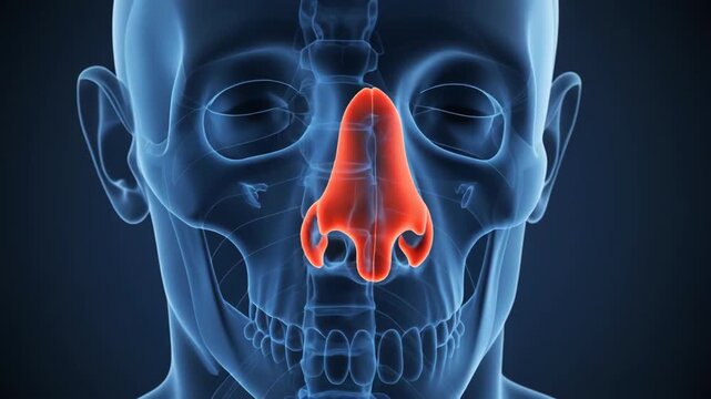 Medical X-ray scan of human skull with red highlighted nasal cartilage indicating pain or inflammation.