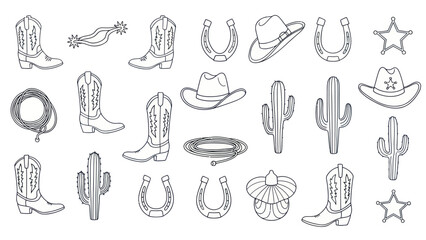 Western Icons Collection: Cowboy Boots, Hats, Cacti, Horseshoe, Lasso, Spurs