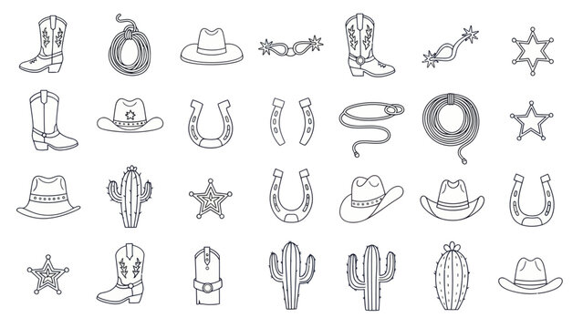 Western Icon Set: Cowboy Boots, Hats, Cactus, Horseshoe, Sheriff Star, Lasso