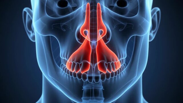 Medical visualization of human skull front view highlighting nasal cavity and turbinates in red for sinusitis diagnosis.