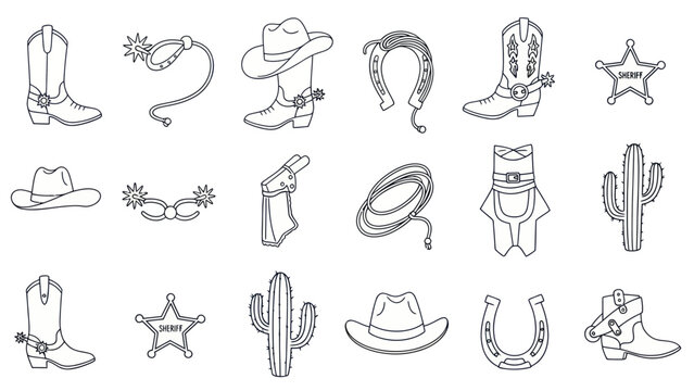 Western Icons Collection: Cowboy Boots, Hats, Lasso, Cactus, Horseshoe, Sheriff Star