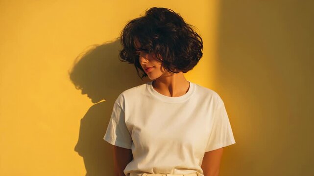 Mockup of white t-shirt on young woman against vibrant yellow background, blank clothing template for design and print.