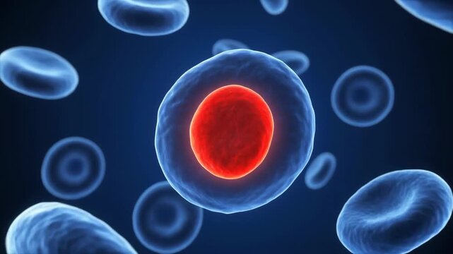 Microscopic view of blue biological cells surrounding a central red infected cell representing viral pathology or mutation.