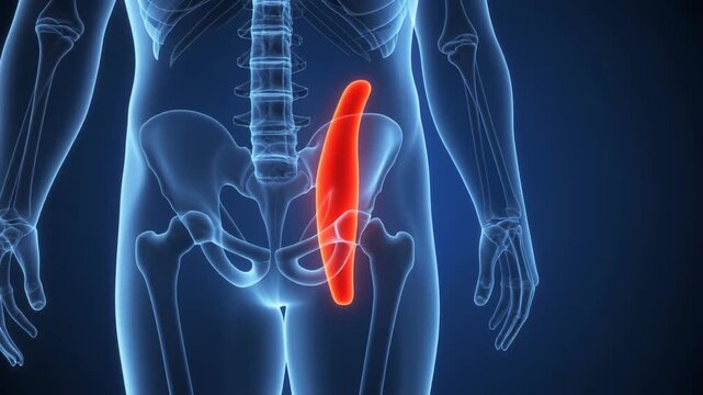 3D medical illustration showing the psoas major muscle highlighted in red on a blue x-ray style human skeleton anterior view.
