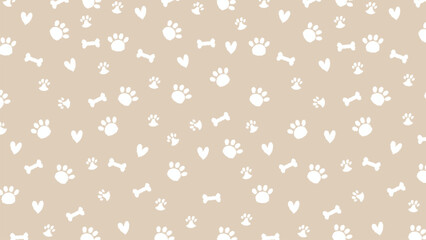 Beige seamless pattern of white hand drawn paw prints, bones and hearts. Minimalist pet doodle vector background © rochmuch