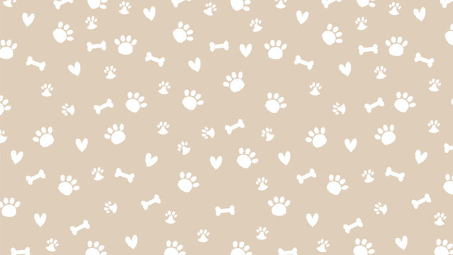 Beige seamless pattern of white hand drawn paw prints, bones and hearts. Minimalist pet doodle vector background