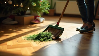 Removing Christmas tree debris from wooden parquet flooring using broom and scoop, holiday cleanup process, created with generative ai