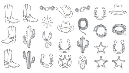 Obraz premium Western Cowboy Icons Collection: Boots, Hats, Cacti, Horseshoes, Lasso, Stars