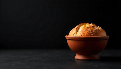 Bread and a clay chalice placed against a smooth black surface, used for visual design or layout backgrounds, created with generative ai