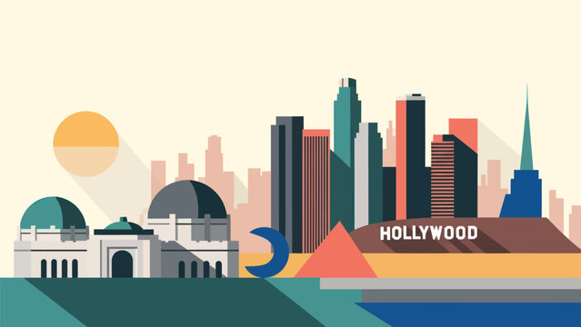 Los Angeles cityscape illustration with Griffith Observatory and Hollywood sign