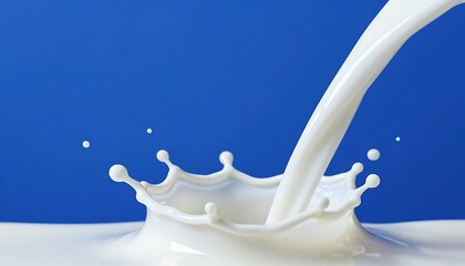 Flowing white dairy liquid with splatter effects on a blue background, designed for advertising low and skimmed-fat milk products, created with generative ai