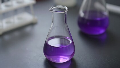 Glass laboratory flask with glowing purple liquid on dark surface with bokeh lights background for science and chemistry concepts, created with generative ai
