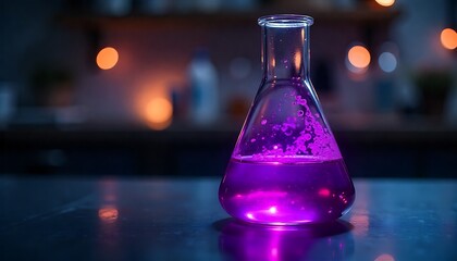 Glass laboratory flask with glowing purple liquid on dark surface with bokeh lights background for science and chemistry concepts, created with generative ai