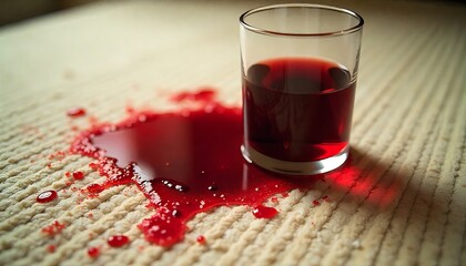 Glass of Red Wine Fallen on Carpet, Wine Spill on Carpet, Red Wine Stain, Liquid Spill on Fabric, Carpet Stained with Wine, created with generative ai
