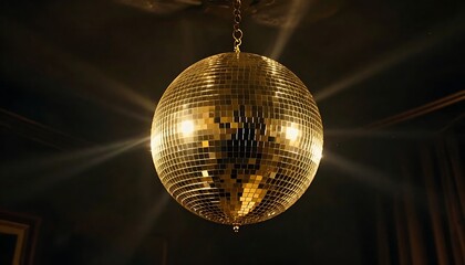 A large golden disco ball hanging in a dark room, surrounded by beams of light and sparkling lights, a festive and celebratory atmosphere, created with generative ai