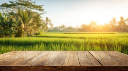 Wooden table top against a blurred rural landscape with palm trees and green fields.