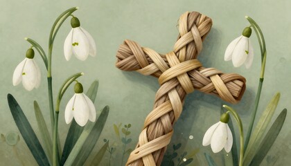 Imbolc pagan festival celebrating brigid cross and snowdrops, created with generative ai