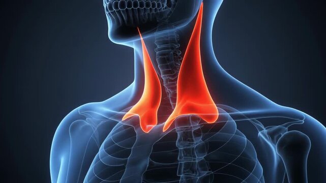 Medical 3D illustration highlighting the Sternocleidomastoid muscles on a transparent human skeleton.