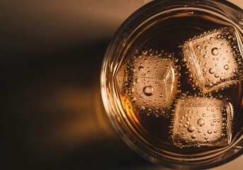 Top View of Amber Whiskey in Glass with Cold Ice Cubes and Bubbles on Moody Dark Background