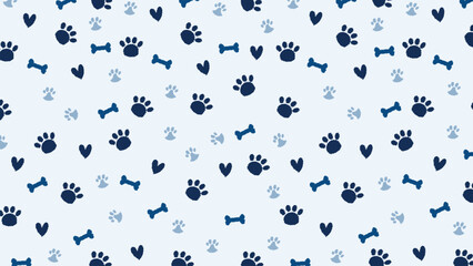 Vector seamless pattern featuring blue paw prints, bones, and hearts. Playful hand drawn animal background for pet shop branding