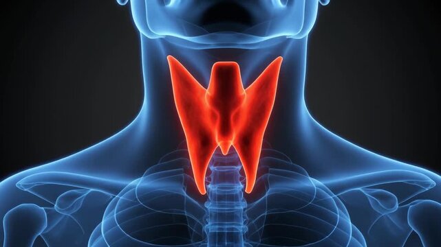 Medical 3D illustration highlighting the thyroid gland in the human neck.